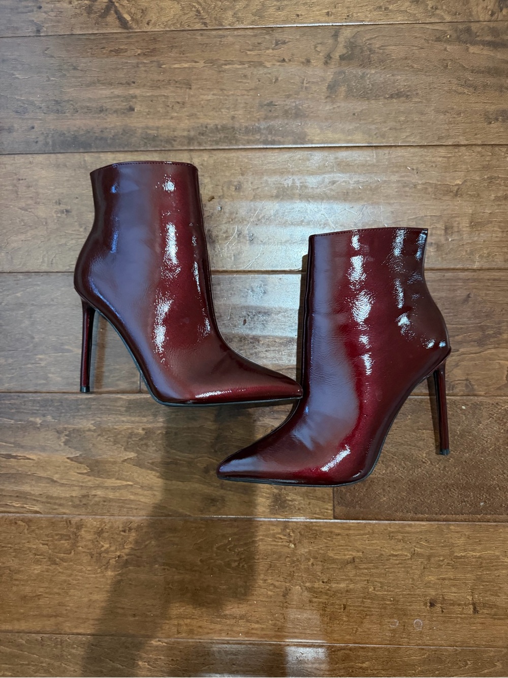 Fashion Nova Burgundy Patent Pointed Toe Stiletto Ankle Boots
